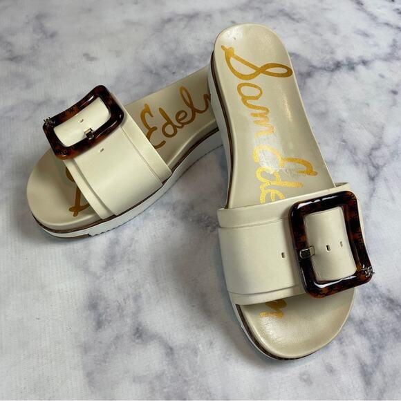 Sam Edelman Ariane Ivory Leather Slide Sandals Tortoise Buckle Sz 9 - Picture 2 of 11